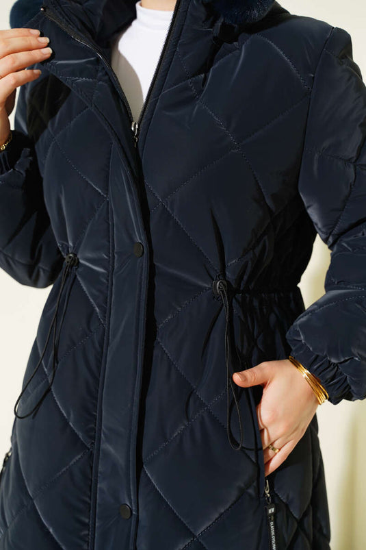 Baklava Desen Bel Tünelli Kapitone Mont Lacivert