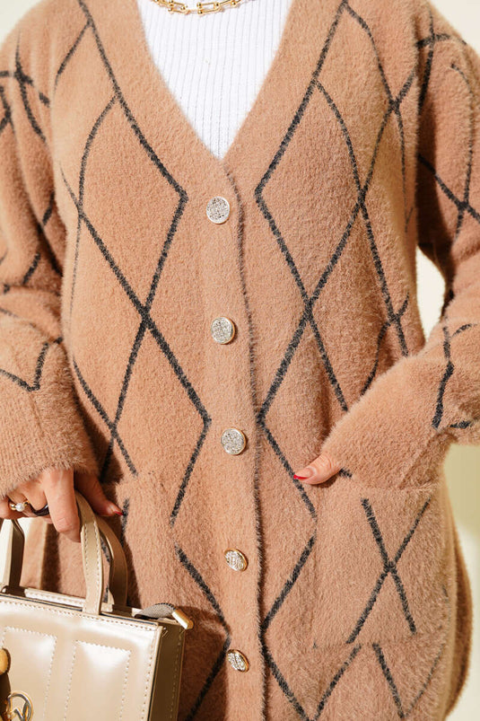 Gestreept vest met baklava-patroon, zakken en baardmotief. Latte