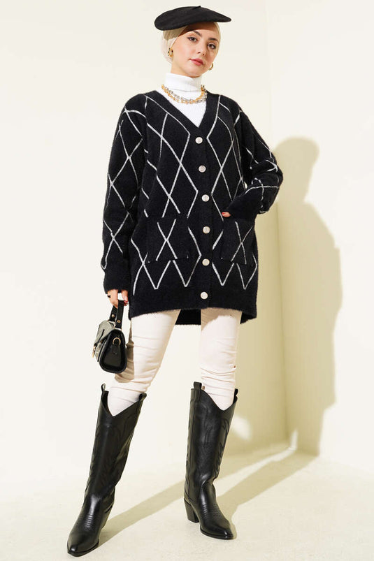 Gilet à rayures à poches et motif baklava, noir et blanc.