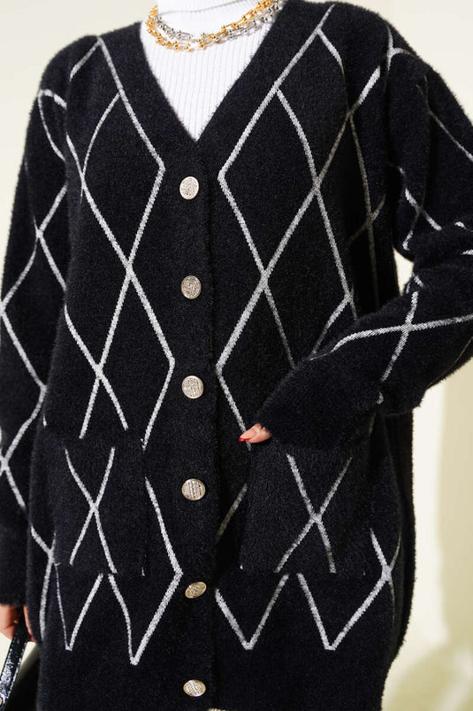 Gilet à rayures à poches et motif baklava, noir et blanc.