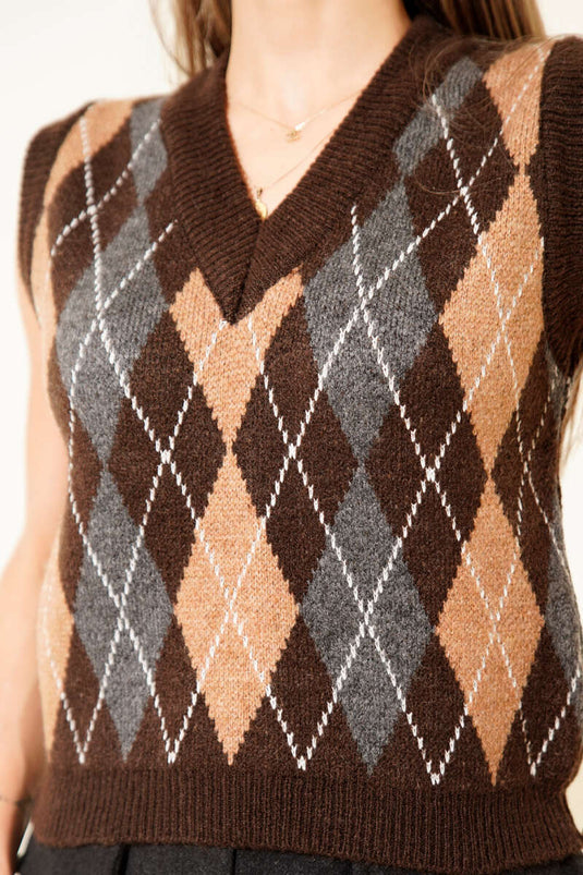 Baklava Desen Çizgili Süveter Kahve