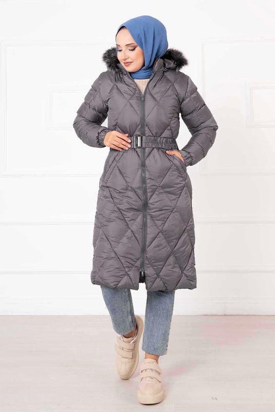 معطف حشو بنمط الماس باللون الرمادي