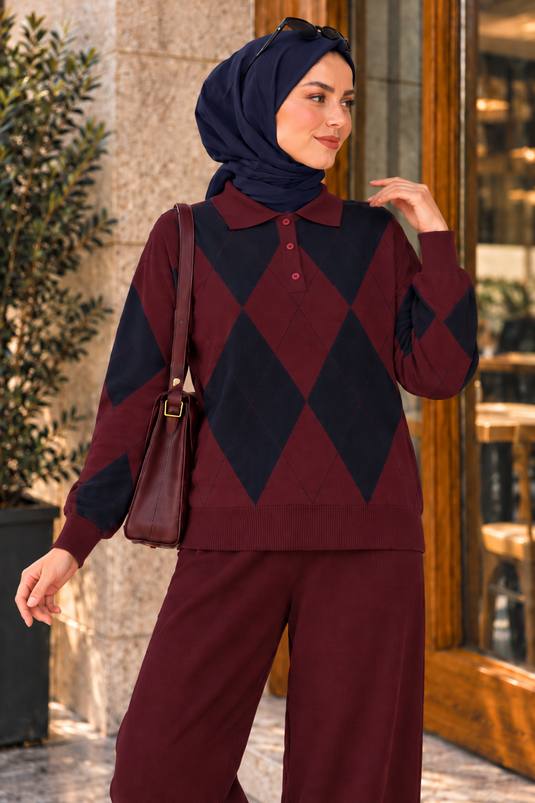 Polo Yaka Baklava Desen İkili Triko Takım Bordo
