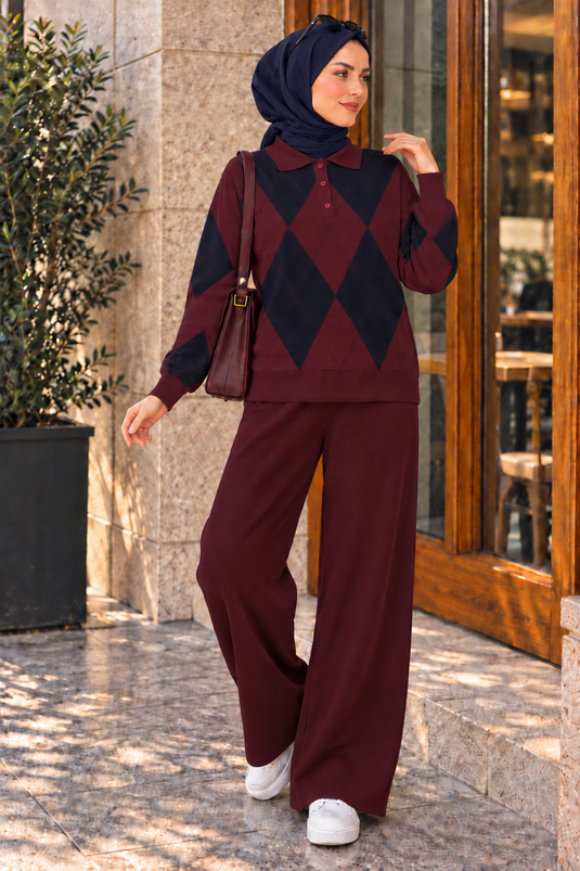 Polo Yaka Baklava Desen İkili Triko Takım Bordo