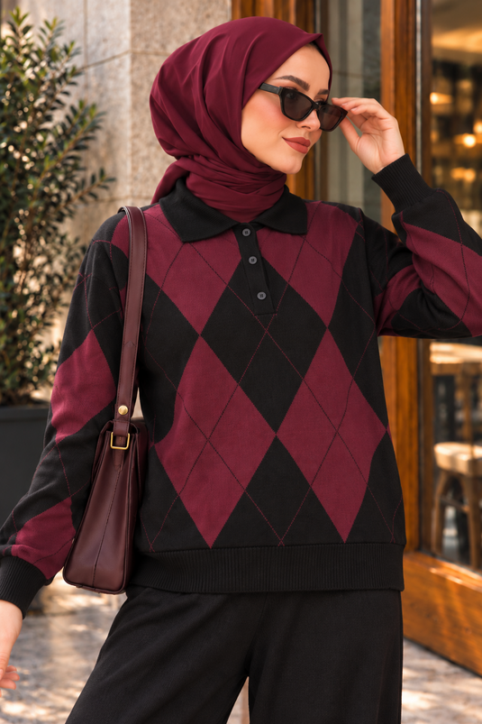 Polo Yaka Baklava Desen İkili Triko Takım Siyah-Bordo