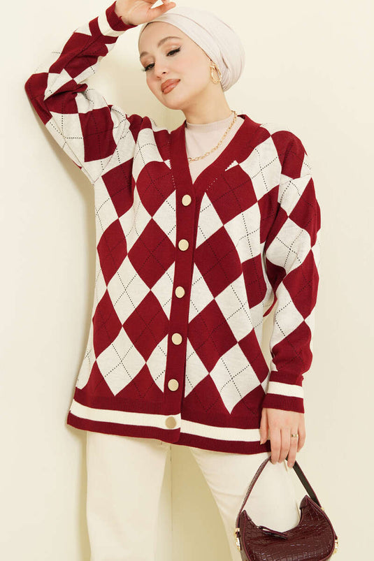 Baklava Pattern Buttoned Knit Cardigan Burgundy