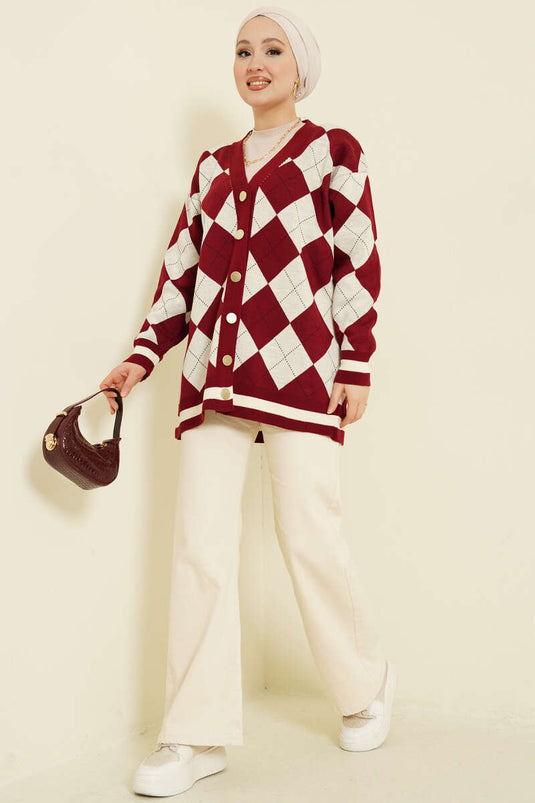 Baklava Pattern Buttoned Knit Cardigan Burgundy
