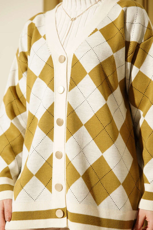 Ecru Strickjacke Mit Knöpfen Und Baklava-Muster