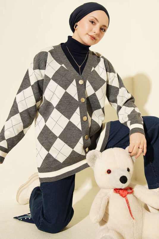 Baklava Pattern Buttoned Knit Cardigan Smoke Gray