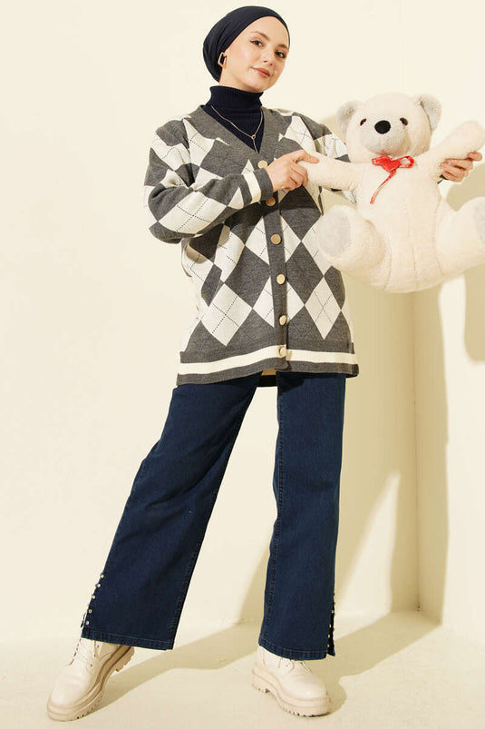 Baklava Pattern Buttoned Knit Cardigan Smoke Gray