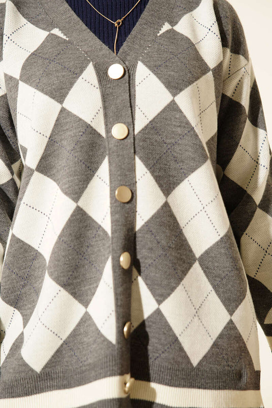 Baklava Pattern Buttoned Knit Cardigan Smoke Gray