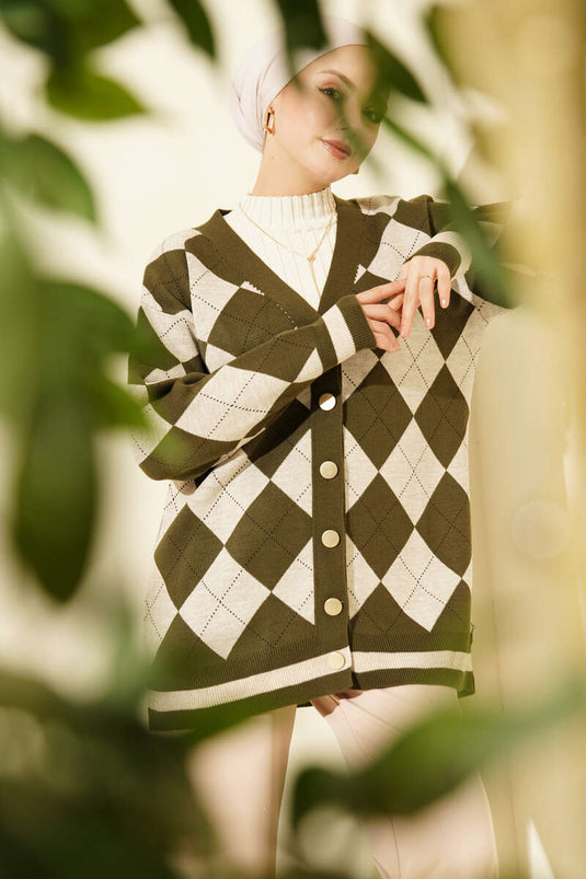 Baklava Pattern Buttoned Knit Cardigan Khaki