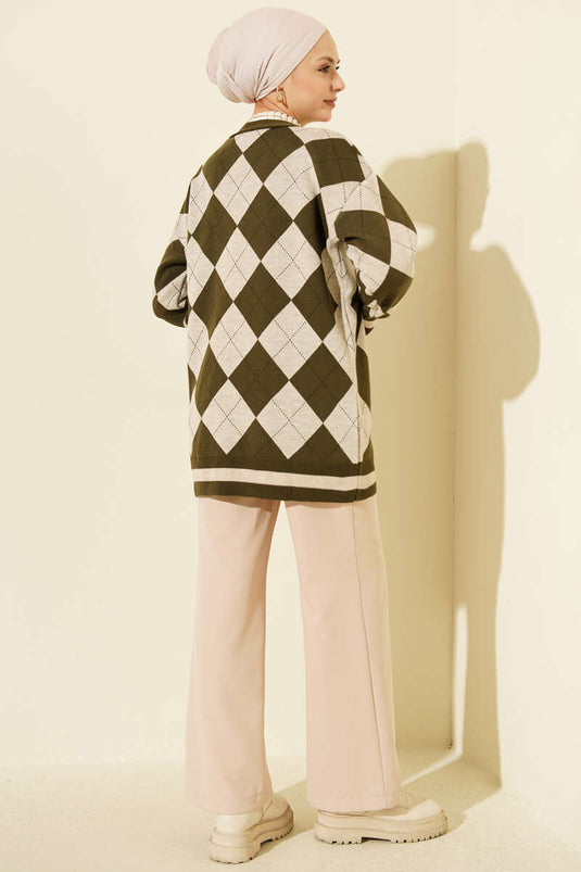 Baklava Pattern Buttoned Knit Cardigan Khaki