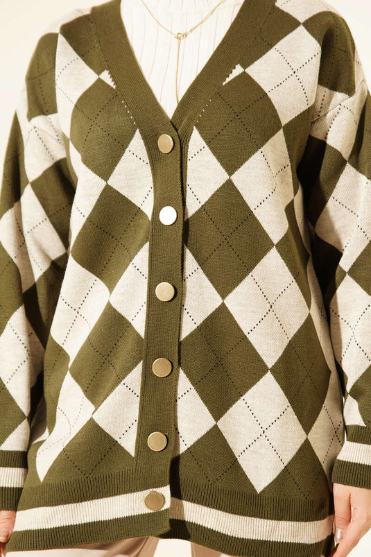 Baklava Pattern Buttoned Knit Cardigan Khaki
