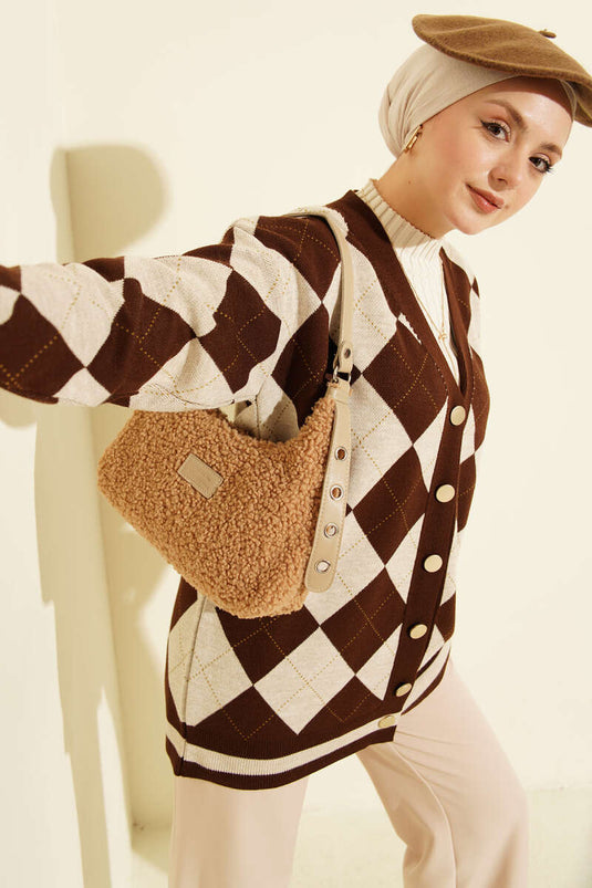 Brown Buttoned Knit Cardigan With Baklava Pattern