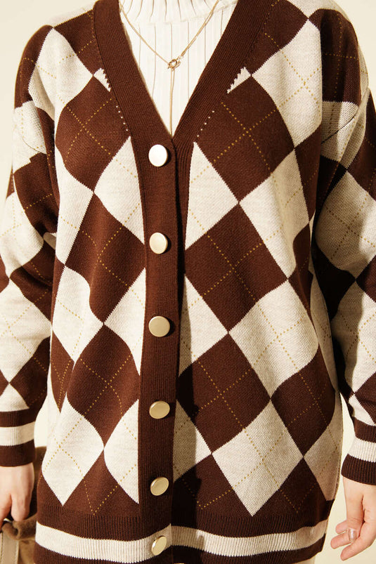 Brown Buttoned Knit Cardigan With Baklava Pattern