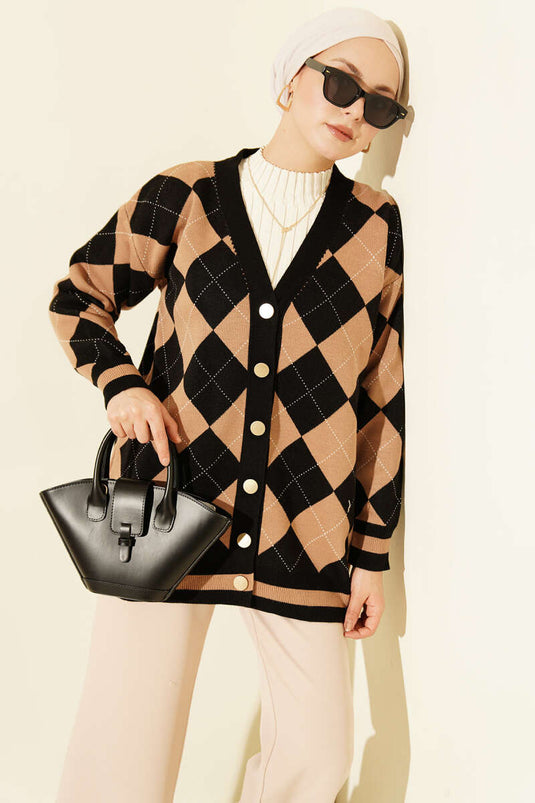 Baklava Pattern Buttoned Knit Cardigan Black