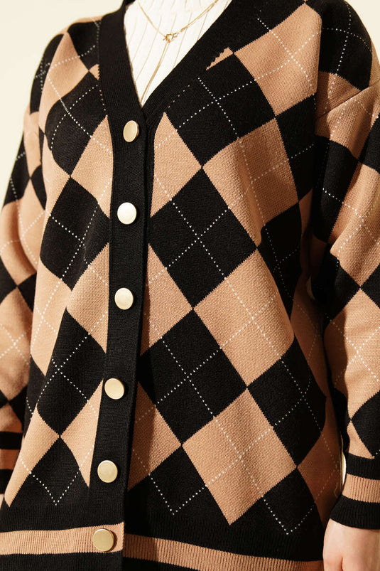 Baklava Pattern Buttoned Knit Cardigan Black