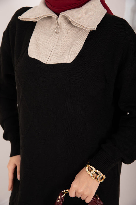 Robe en maille noire à motif baklava et bordures couleur pierre