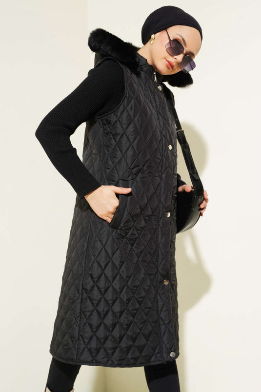 Diamond Pattern Hooded Zippered Vest Black