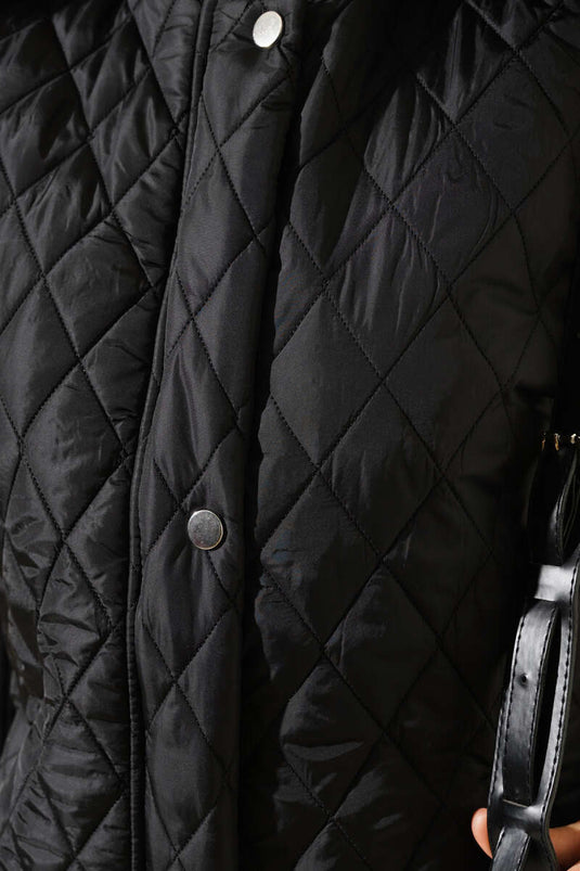 Diamond Pattern Hooded Zippered Vest Black