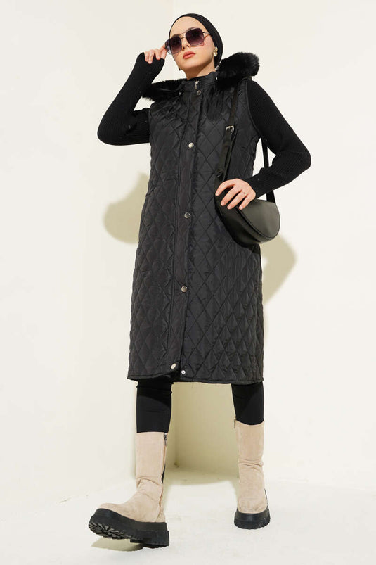 Diamond Pattern Hooded Zippered Vest Black