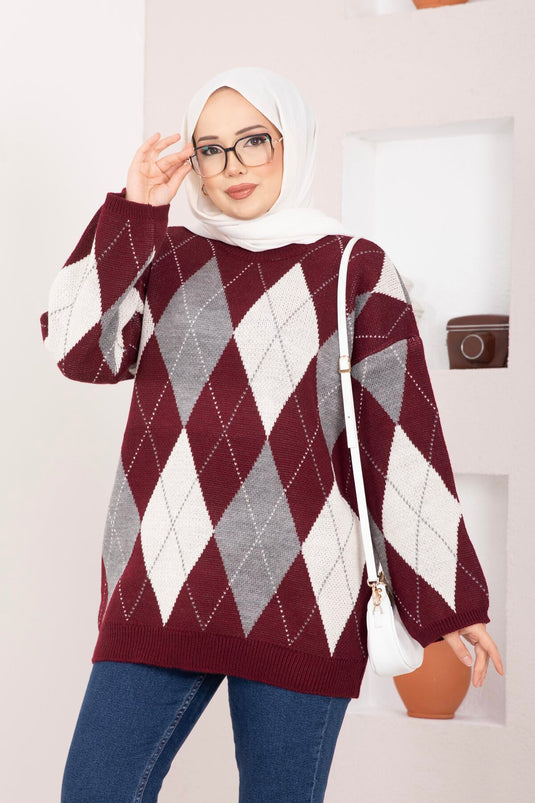Baklava Desen Oversize Triko Kazak Bordo