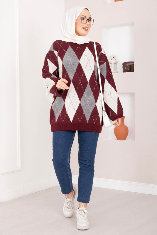 Baklava Desen Oversize Triko Kazak Bordo