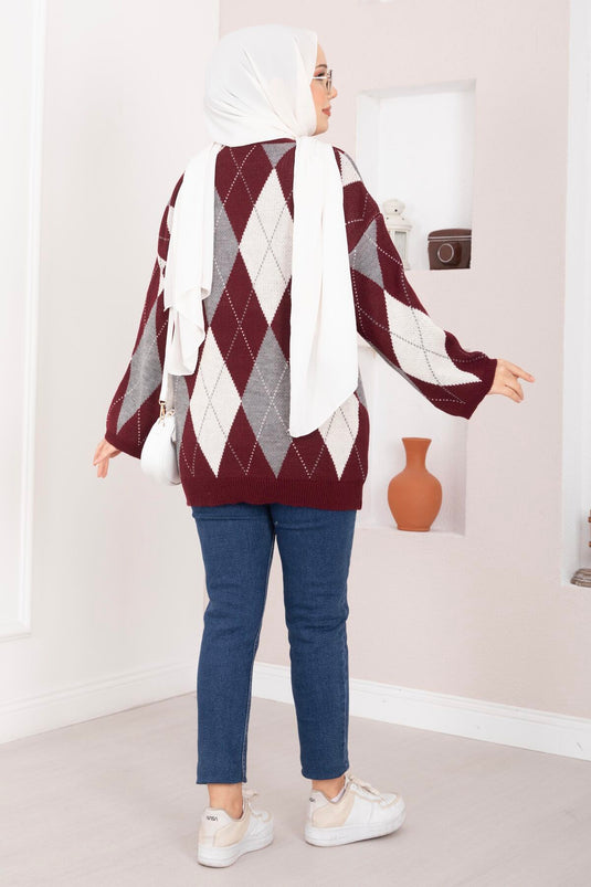 Baklava Desen Oversize Triko Kazak Bordo