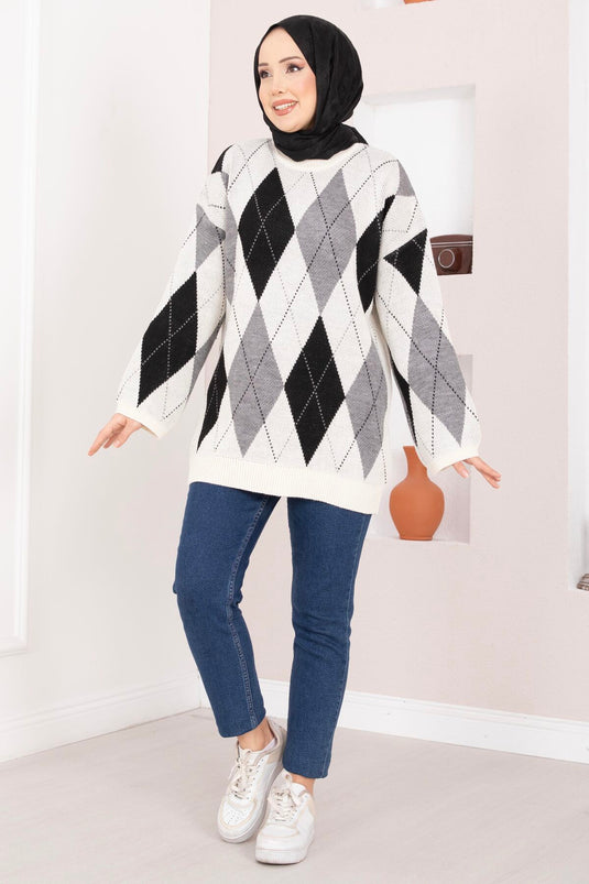 Baklava Pattern Oversize Knit Sweater Ecru