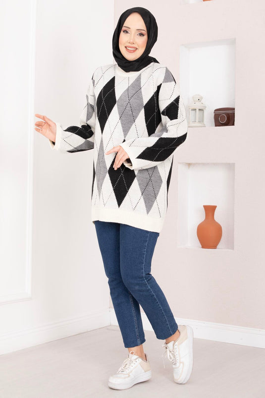 Baklava Pattern Oversize Knit Sweater Ecru