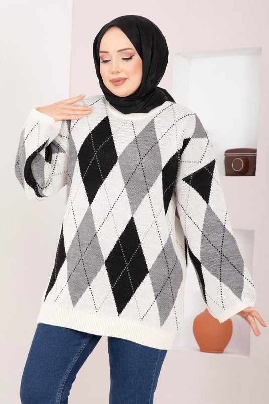 Baklava Pattern Oversize Knit Sweater Ecru