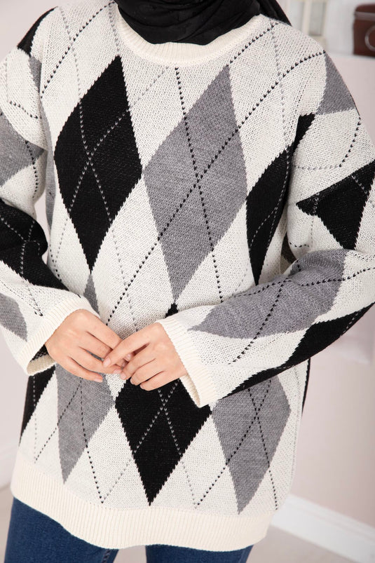 Baklava Pattern Oversize Knit Sweater Ecru