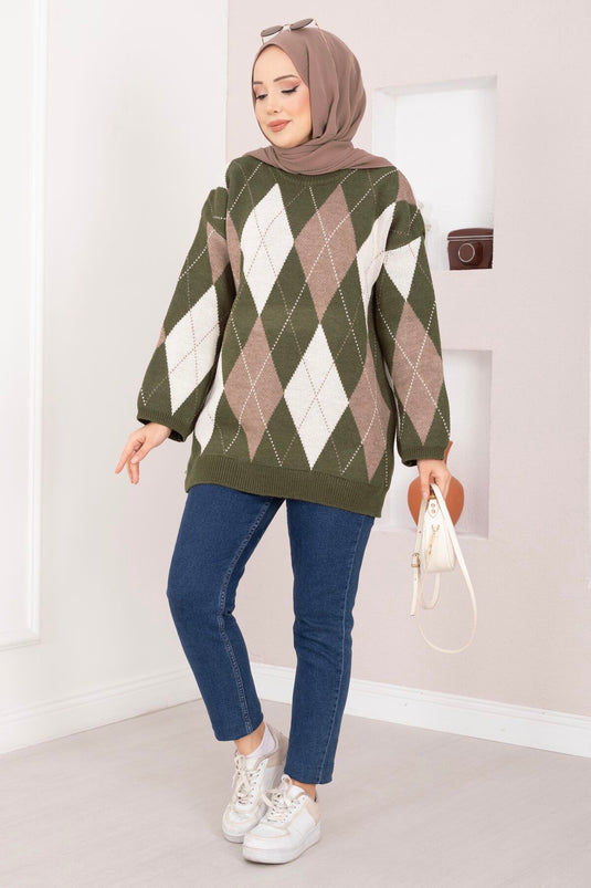 Maglione Oversize in Maglia con Motivo Baklava Verde Militare