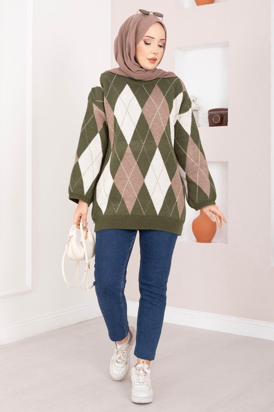 Maglione Oversize in Maglia con Motivo Baklava Verde Militare