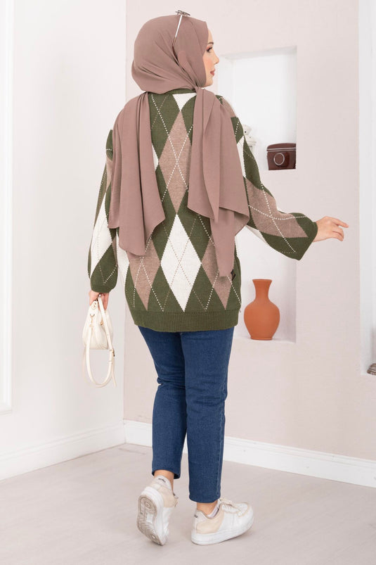 Maglione Oversize in Maglia con Motivo Baklava Verde Militare