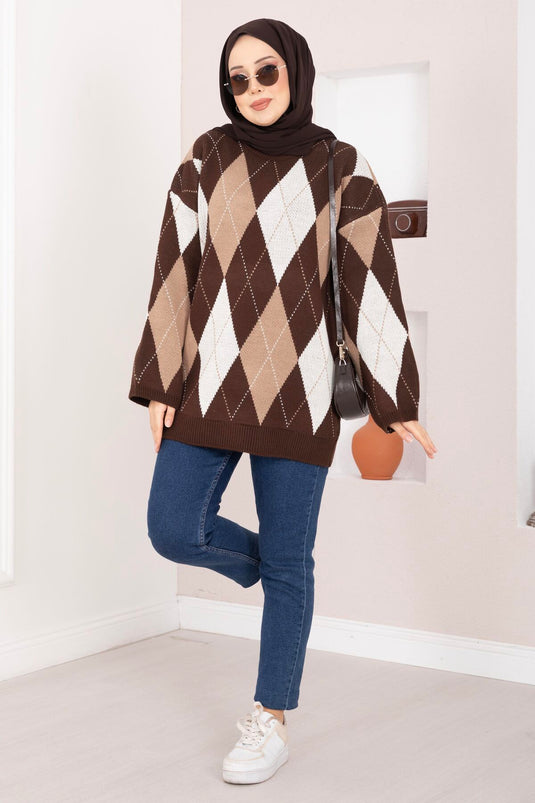 Pull en tricot oversize motif baklava marron