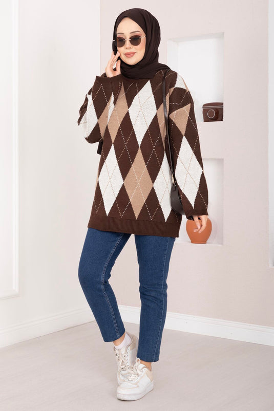 Pull en tricot oversize motif baklava marron