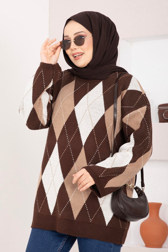 Pull en tricot oversize motif baklava marron
