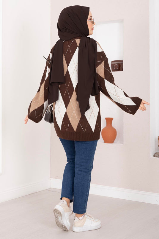 Pull en tricot oversize motif baklava marron