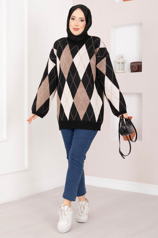 Baklava Pattern Oversize Knit Sweater Black