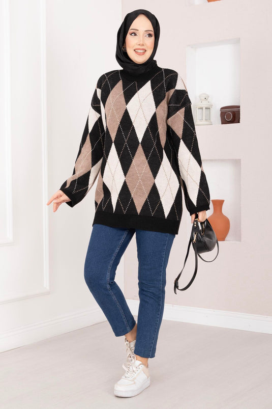 Baklava Pattern Oversize Knit Sweater Black