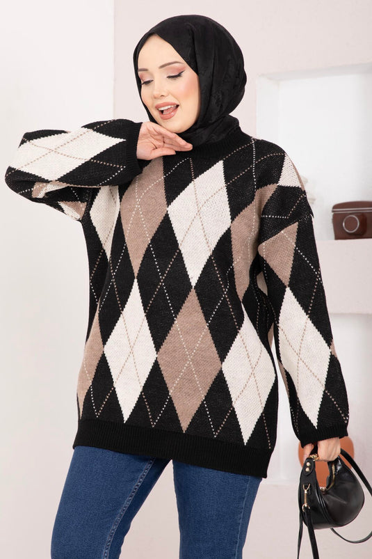 Baklava Pattern Oversize Knit Sweater Black