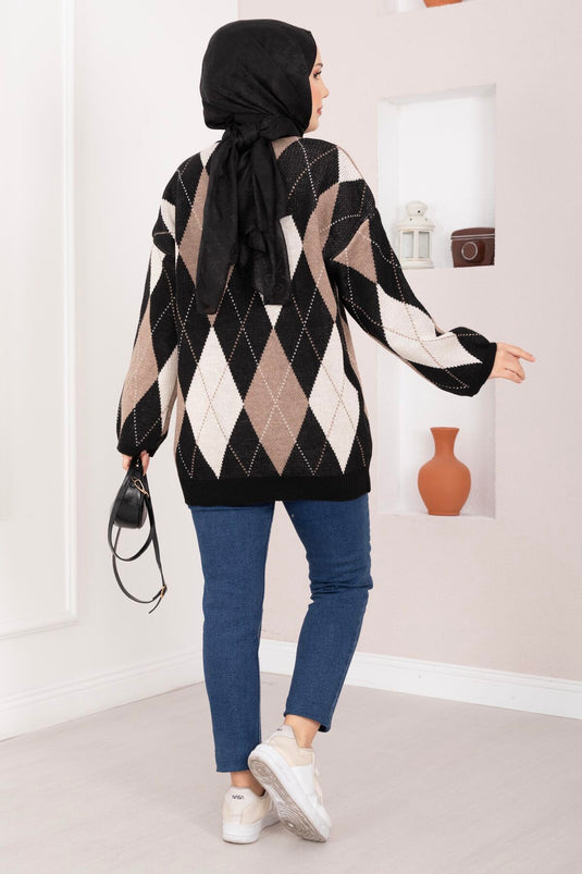Baklava Pattern Oversize Knit Sweater Black