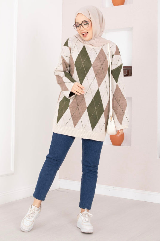 Baklava Pattern Oversize Knit Sweater Stone