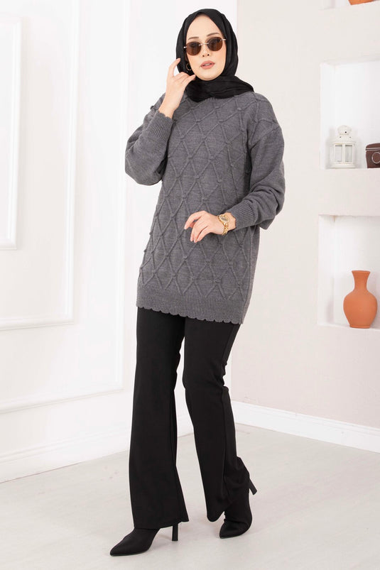 Baklava Desen Ponpon Detaylı Triko Kazak Antrasit