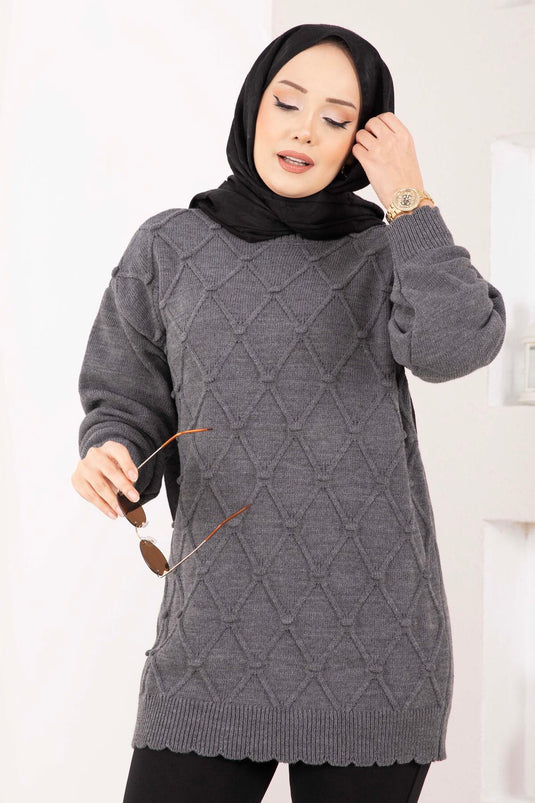 Baklava Desen Ponpon Detaylı Triko Kazak Antrasit