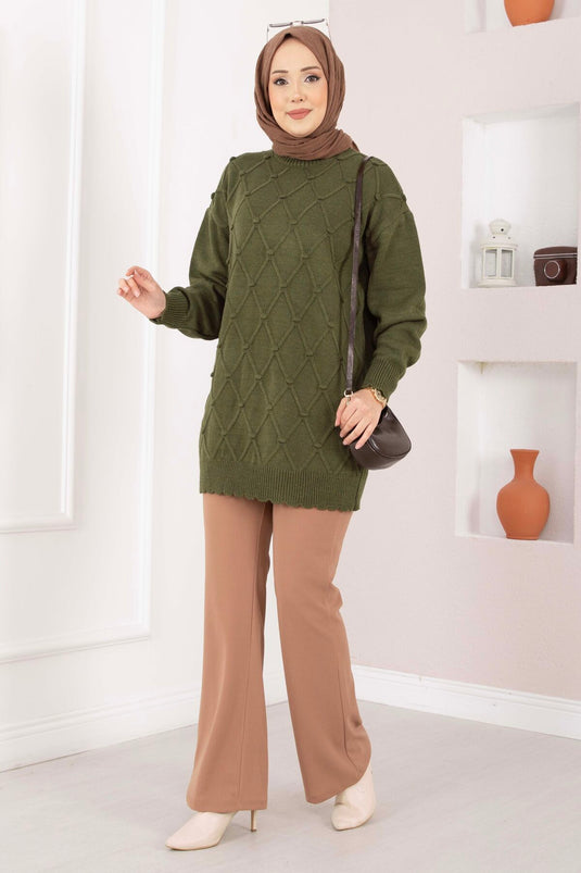 Baklava Desen Ponpon Detaylı Triko Kazak Haki