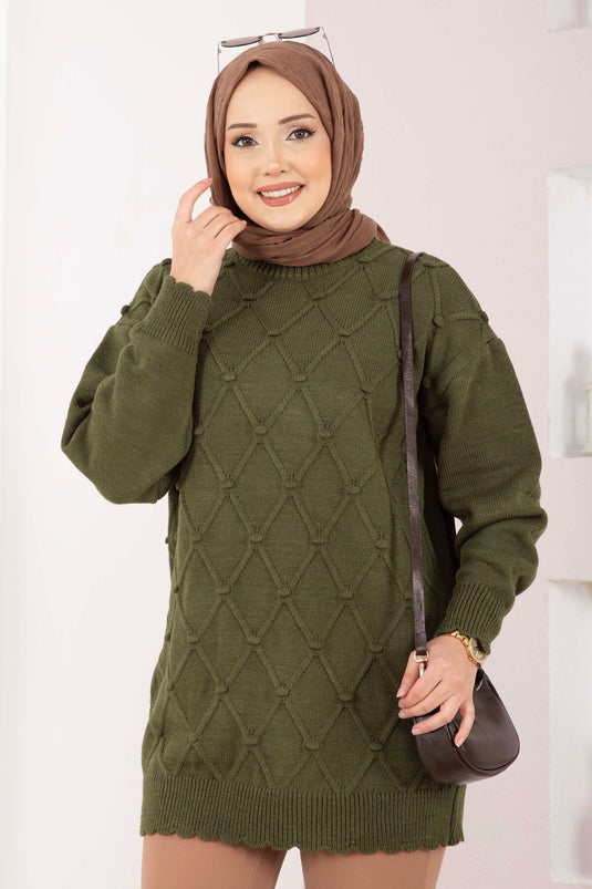 Baklava Desen Ponpon Detaylı Triko Kazak Haki