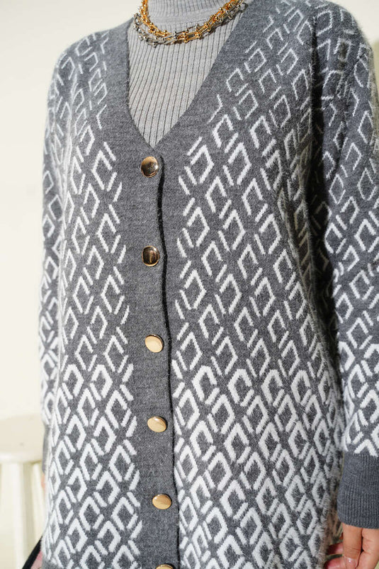 Diamond Pattern Bearded Buttoned Knitwear Cardigan in Smoke